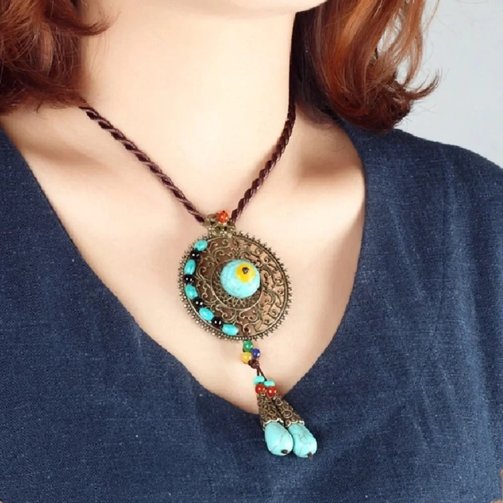 Set of Necklace and Earrings Bohemian Indian Braided Rope Dangle Blue Stone